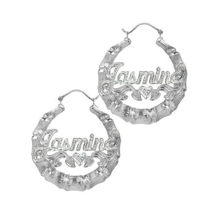 Sterling Silver or Gold Plated Personalized Bamboo Style Hoop Name Earrings with Beading and Rhodium All Over The Name and Heart on