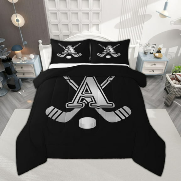 Homewish Kids Teens Ice Hockey Bedding Comforter Set for Boys Girls, Black Gray Monogrammed Twin Comforter Sets, Sports Theme Bedding Set, Soft Home Decor