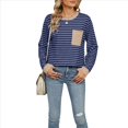 thumbnail image 2 of Camisas de Larga para Mujer, Cuello Redondo A Rayas, Corte Holgado, Camiseta de Bloques de Color Otoño 2025 con Bolsillo Tiras Azul Marino L, 2 of 10
