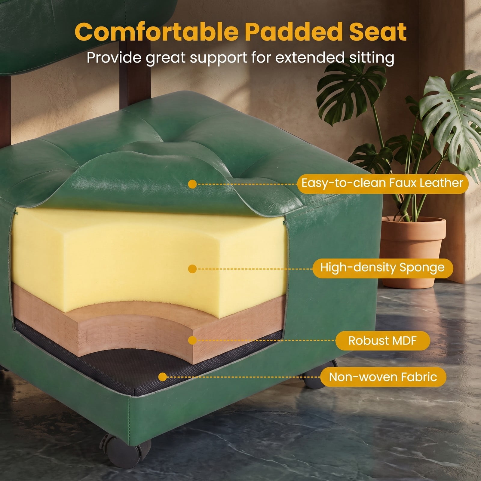 Furnibear Small Rolling Footrest Stool Set of 2 with Lockable Swivel Wheels, Faux Leather Backrest Footstool Ottoman for Living Room Bedroom Entryway, 330 lbs, Green