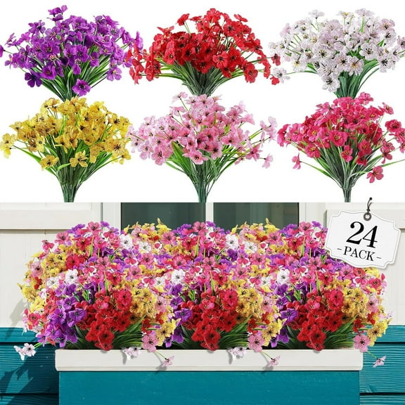 BITOUSHI 24 Pcs Artificial Flowers for Outdoor,Plastic Flowers Decoration, UV Resistant Faux Flowers Shrubs, Artificial Plants for Indoor Outside Garden Home Wedding Farmhouse - Mixed Color