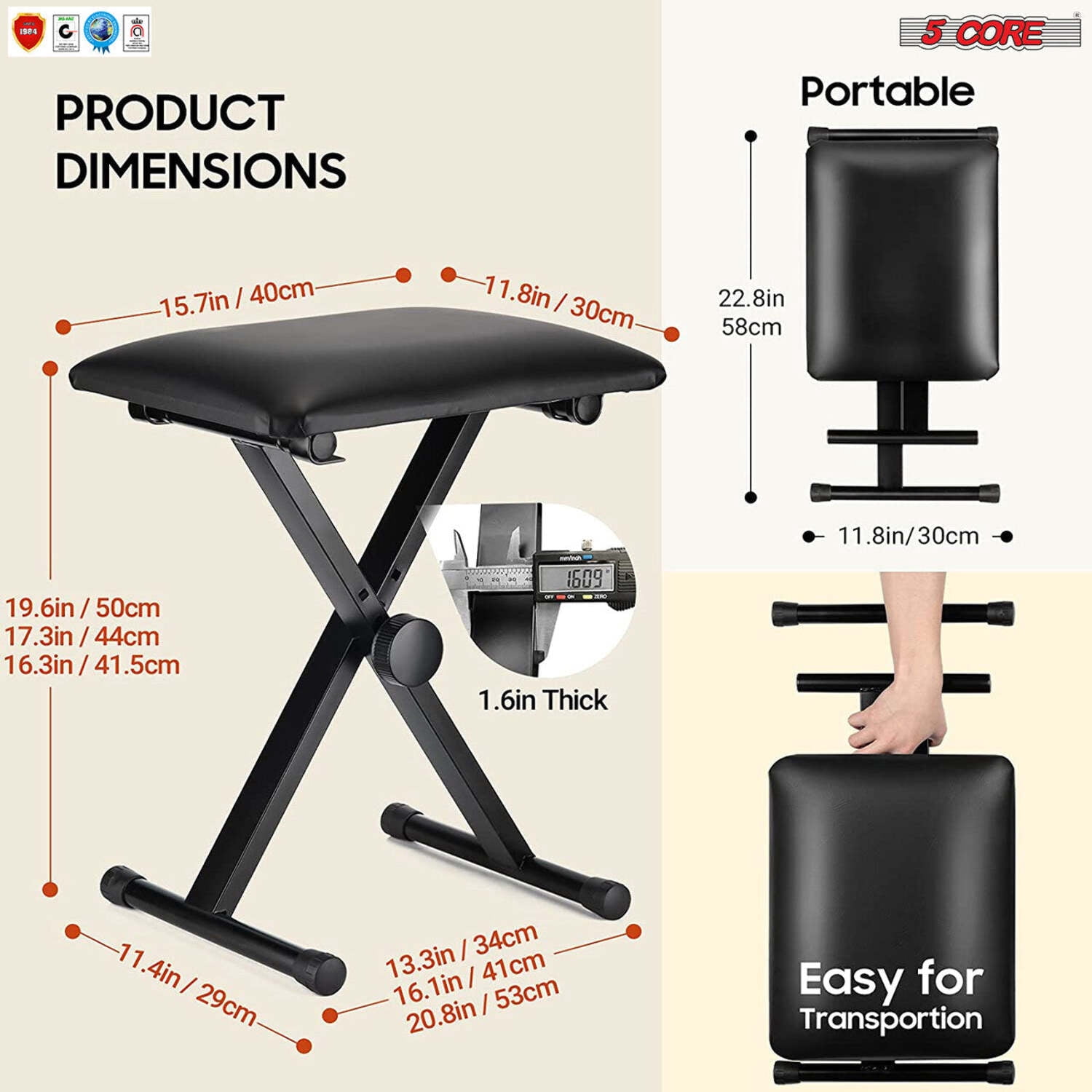 5 Core Keyboard Bench 2 Inch Padded Cushioned Piano Stool Height Adjustable 19" Guitar Seat Portable