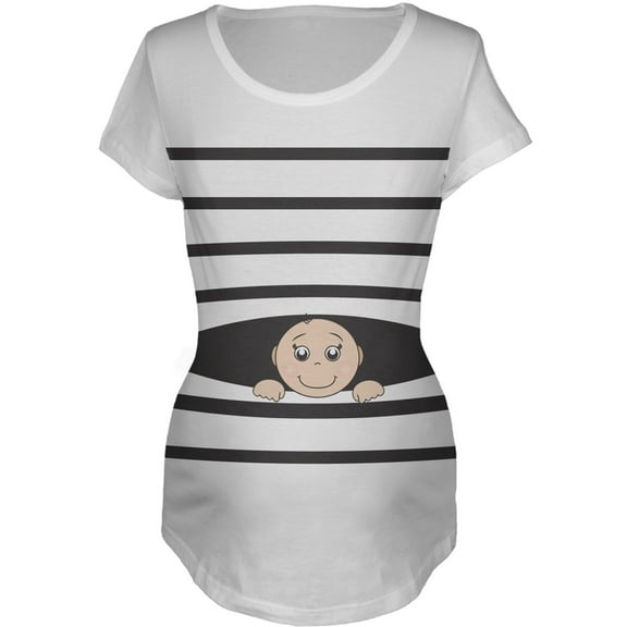 Striped Peeking Baby White Maternity T-Shirt - Large
