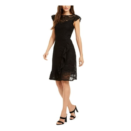 MONTEAU Womens Black Lace Floral Cap Sleeve Jewel Neck Short Party Fit + Flare Dress Petites PS