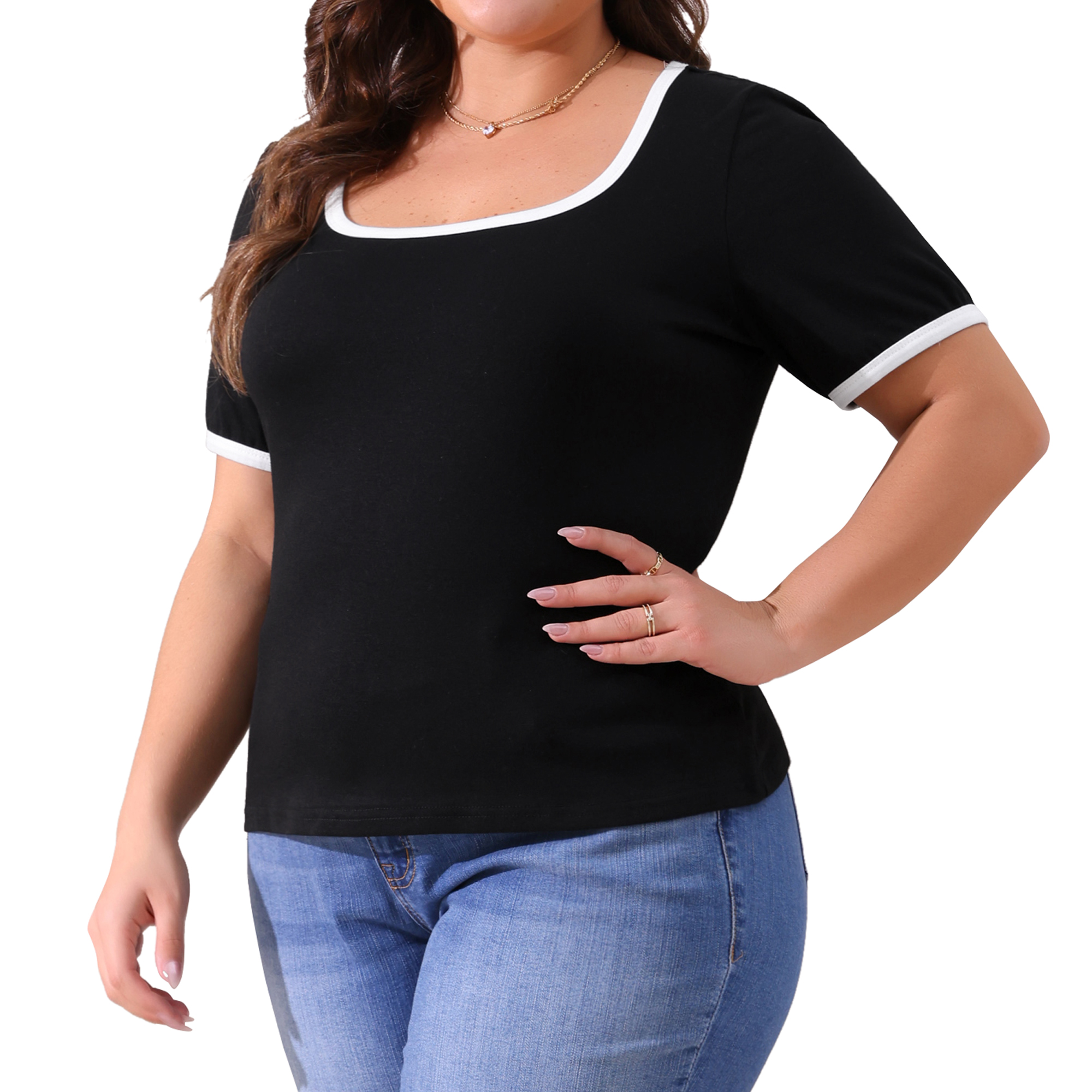 DARING DIVA Women's Plus Square Neck Ribbed Slim Fit Tee 2X Black
