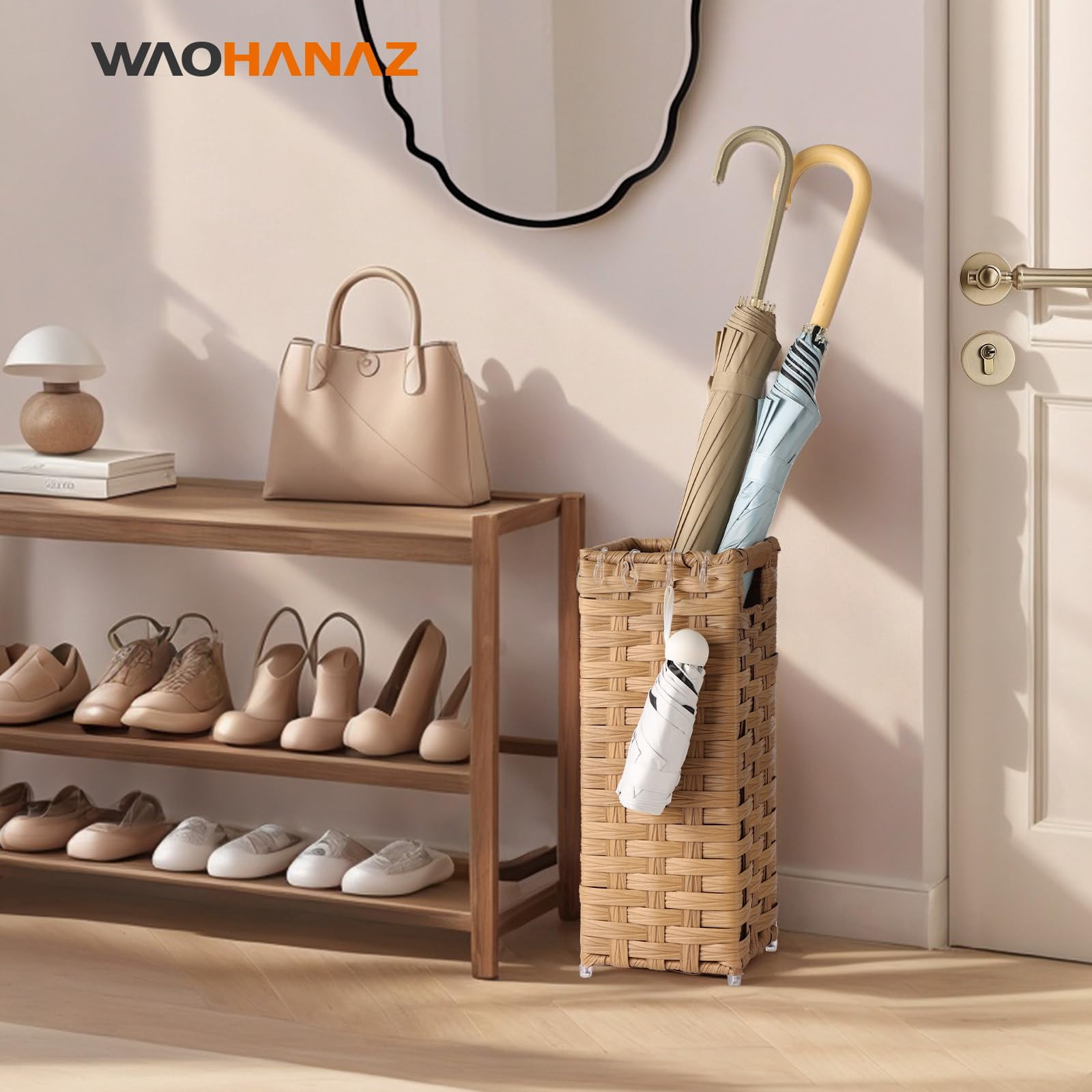 Rattan Umbrella Stand, Umbrella Holder for Entryway, Hand Woven Umbrella Rack Organizer Freestanding, with a Detachable Drip Tray, 4 Hooks, 11.8" L x 5.5" W x 16.5" H