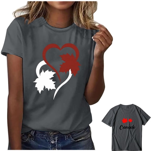 HOMBOM T Shirts for Women Summer Graphic Tees Crew Neck Gray Basic Maple Leaf Print Short Sleeve Womens Tops
