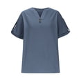 thumbnail image 5 of RYDCOT Cotton Linen Shirts for Women 2025 Summer Casual Button Down V Neck Short Sleeve Tops Comfy Trendy Tunic Shirt Blouses Women's Clothing Sales Dark Blue, 5 of 9