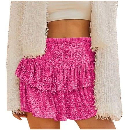 SMihono Deals Women s Mini Skirts with Shorts Cute High Waist Sequin Ruffle Flowy Glitter Short Skirts Night Out Club Party Hot Pink 6