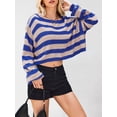 thumbnail image 4 of Women'S Long Sleeve Striped Sweater Oversized Crop Top One Shoulder Loose Fit Casual Baggy Short Pullover Sweater Blue L, 4 of 8