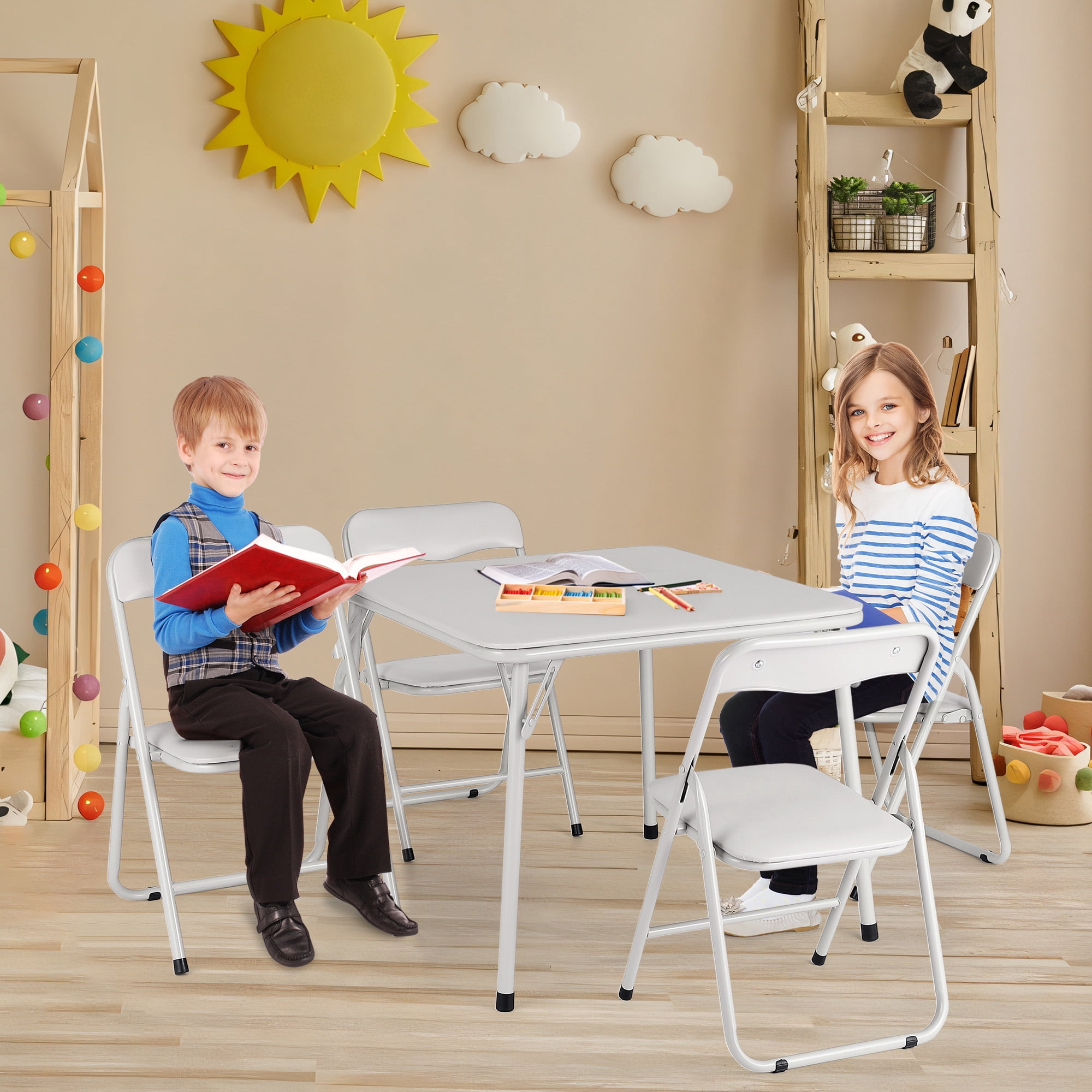 Black 5-Piece Kids Folding Table and Chair Set - Upholstered Metal Frame Activity Table Set for Eating, Reading & Playing