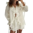thumbnail image 3 of Women 2 Piece Outfits V Neck Ruffle Tie Front Blouse Tops Lounge Sets Beige L, 3 of 9