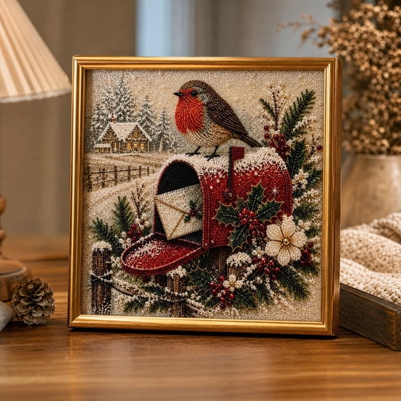 Velmasee Christmas Bird DIY Diamond Painting Kit with Golden Frame, Bead Art Craft Set with Complete Tools Included, Pre-Printed Canvas for Adults Beginners Home Wall Decor Holiday Gift, Bird-3