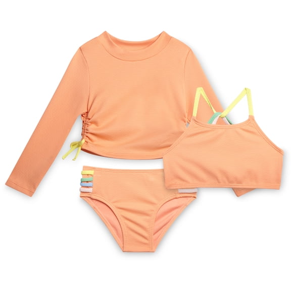 Jessica Simpson Baby and Toddler Girls Three-piece Swimsuit Set includes Shoulder Strap Bikini Top, Long Sleeve Rashguard Top and Swim Bottoms, Size 12M - 5T