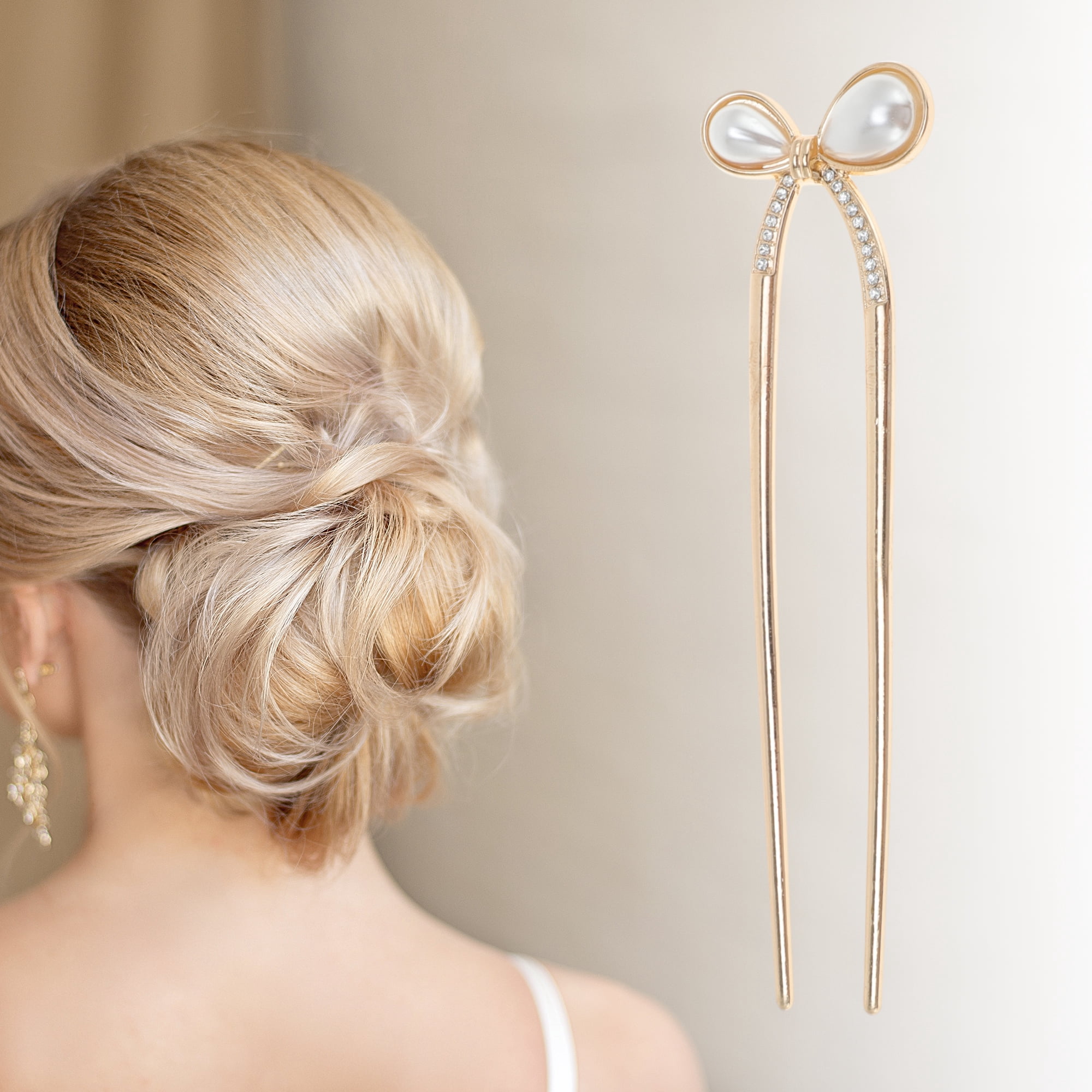 Unique Bargains Faux Pearl Bow Chignon Pin for Women Gold Tone 1 Pc