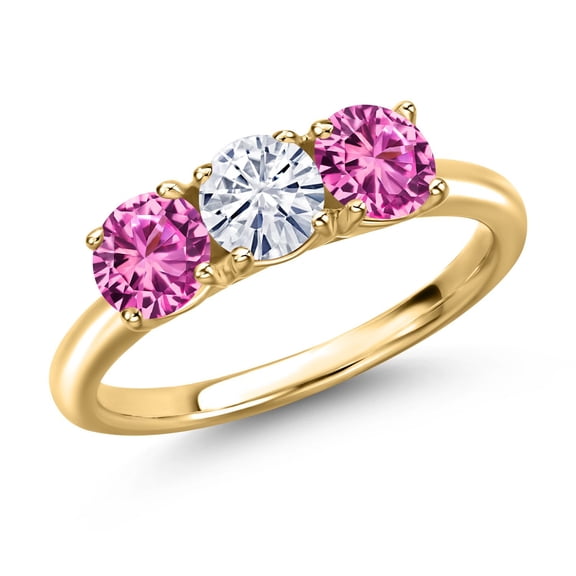 Gem Stone King 18K Yellow Gold Plated Silver White Moissanite and Pink Created Sapphire Engagement Ring for Women | 1.60 Cttw | Round 5MM | Gemstone Birthstone | Size 5