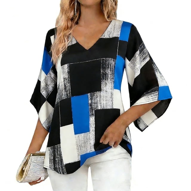 Camisas de Manga 3/4 de Mujer Elegante Blusa Suelta con Cuello en V con Estampado Floral Geométrico para Trajes Informales, de Trabajo O Sociales
