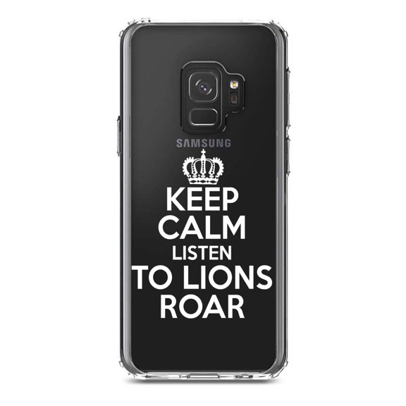 DistinctInk Clear Shockproof Hybrid Case for Samsung Galaxy S9 (5.8" Screen) - TPU Bumper Acrylic Back Tempered Glass Screen Protector - Keep Calm Listen to Lions Roar