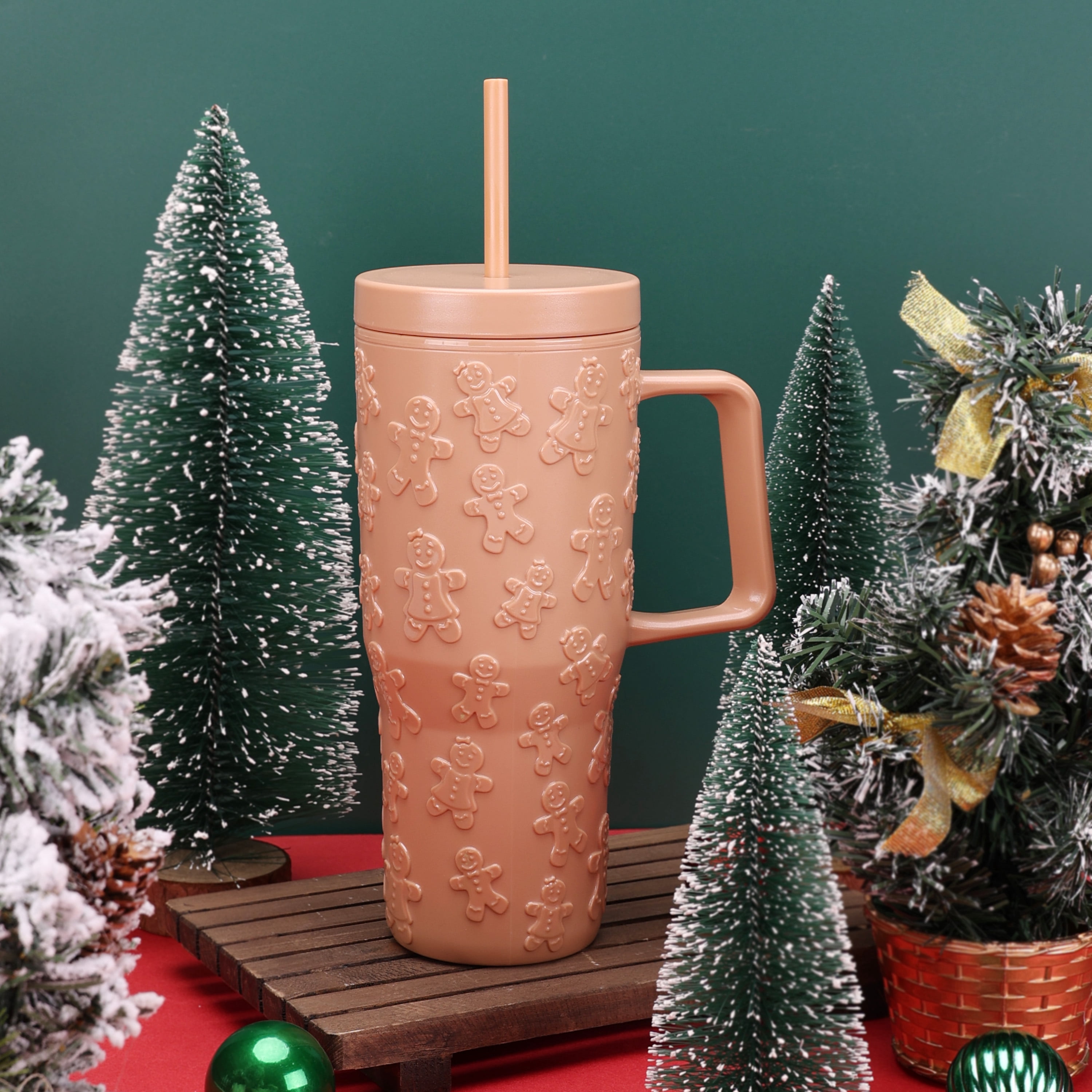 30 Ounce Tan Acrylic Double Wall Embossed Gingerbread Tumbler with Straw and Handle, by Holiday Time