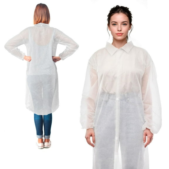 White Disposable Lab Coats for Adults, Small. Pack of 5 Medical PPE Disposable Clothing. Polypropylene 40 GSM Knee Length Lab Coat with Elastic Wrists, Hook & Loop Fastener, No Pockets