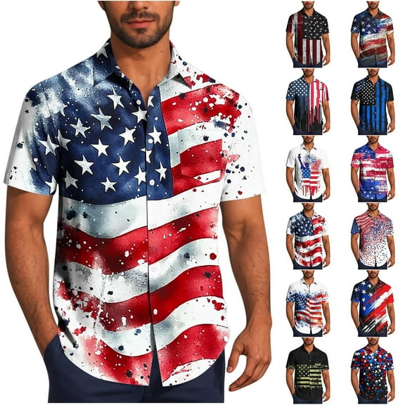 Elvqul Mens Red Shirts Graphic Independence American Flag Short Sleeve Button up Fourth of July Tee Shirts Collar Trendy Shirts for Men Big and Tall