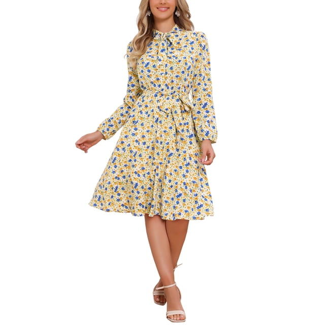 Vestido midi vintage de flores con cinturón y mangas largas de gasa con cuello atado de Allegra K para mujer XL blanco y amarillo