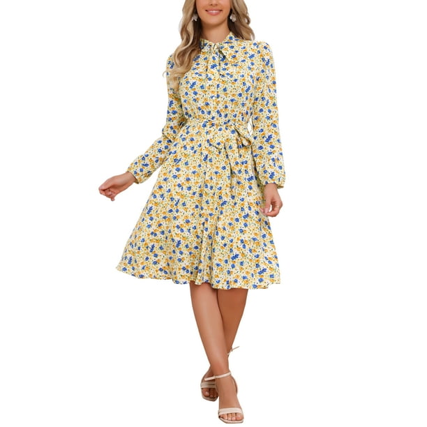 Vestido midi vintage de flores con cinturón y mangas largas de gasa con cuello atado de Allegra K para mujer XL blanco y amarillo