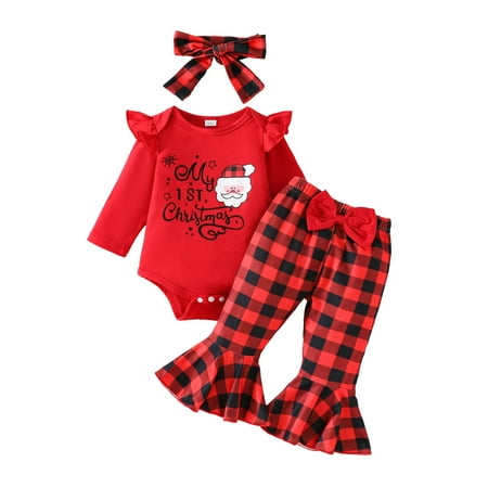 

KUNKASA Casual Clothes Set For Boys Girls 2024 Infant Long Sleeve Christmas Letter Romper Bodysuit Cartoon Prints Plaid Bell Bottoms Pants Kids Fashion Playwear 6-9 Months