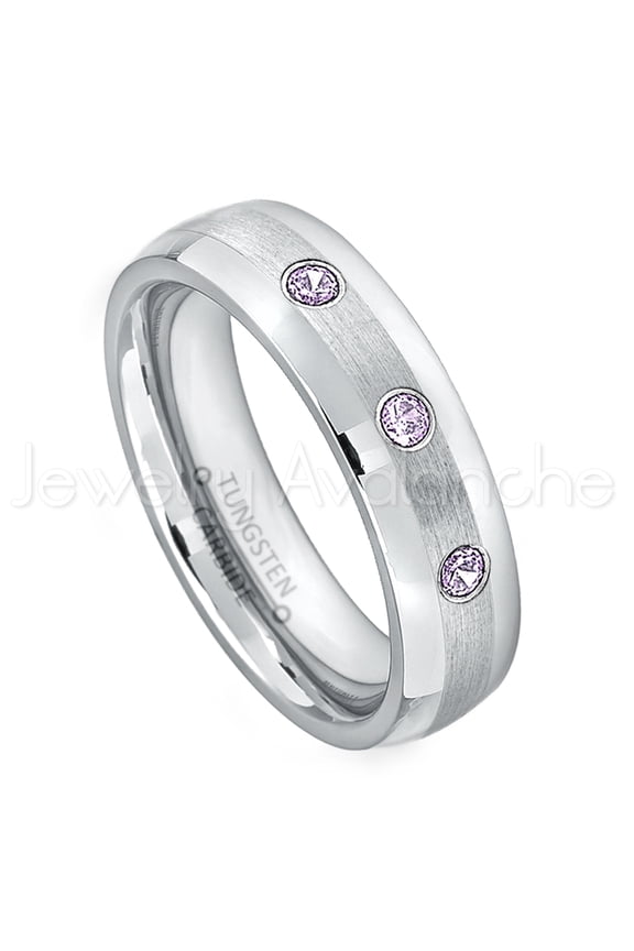 6mm Comfort Fit Dome Tungsten Ring - 0.21ctw Amethyst 3-stone Band - Personalized Tungsten Wedding Ring - Custom Made February Birthstone Ring TN006BS