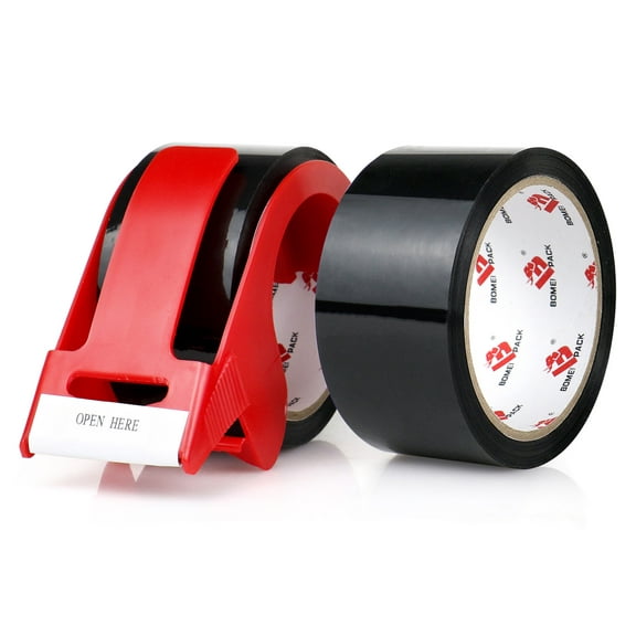 Bomei Pack Black Packing Tape with Dispenser, 2 Refill Rolls, 1.88 Inch x 55 Yards