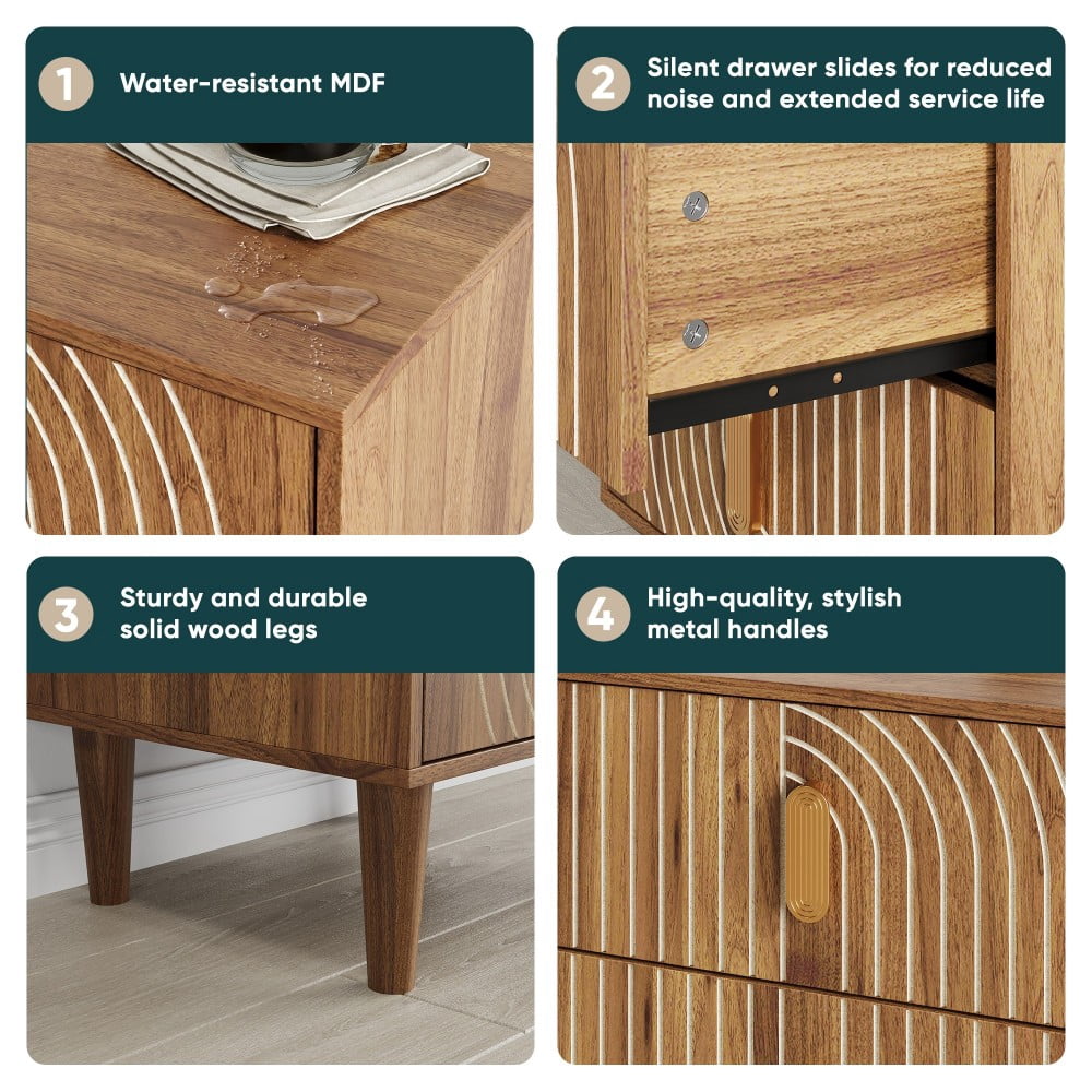Brown Nightstand with 2 Drawers, Mid-Century Modern Bedside Table with Arched Vertical Grooves, Solid Wood Legs, Compact Storage Cabinet
