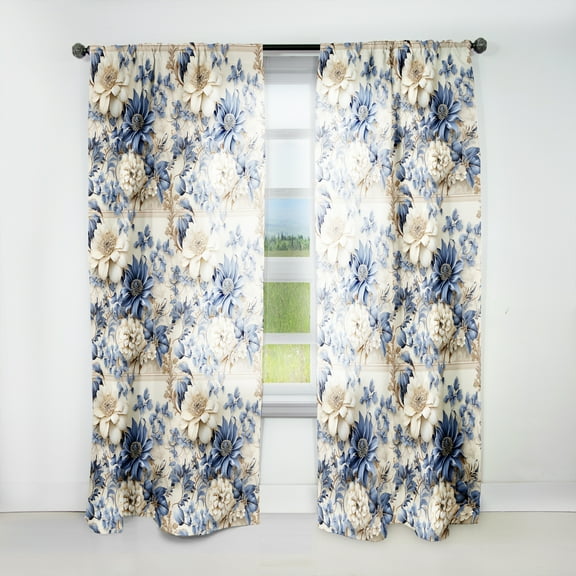 Designart "Blue Victorian Floral Damask II" Damask Bohemian Curtain, Damask