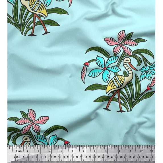 Soimoi Polyester Crepe Fabric Flamingo,Leaves & Floral Block Decor Fabric Printed Yard 52 Inch Wide