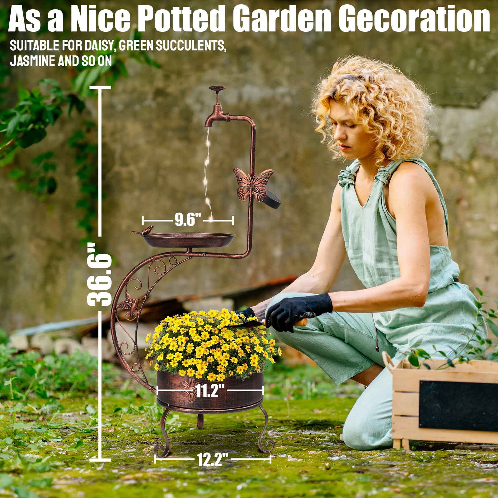 Ktaxon 36 Inch Height Garden Bird Bath for Outdoors, with Solar Lamp and Flower Planter Pedestal Standing Bird Feeder, Bronze