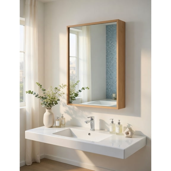 Demi Bonn Bamboo Bathroom Medicine Cabinet with Mirror, Wall Mounted Single Mirror Door Storage Cabinet with 2 Adjustable Shelf for Bathroom Living Room Hallway, Beige