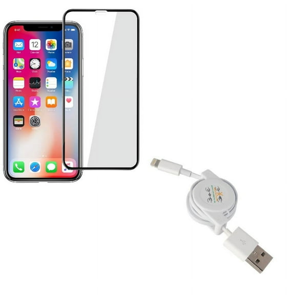 iPhone XS/X - Retractable USB Cable w Tempered Glass Screen Protector - Charger Power Cord Sync Wire Fast Charge, 5D Touch Curved Edge Full Cover Bubble Free Case Friendly 9H Hardness