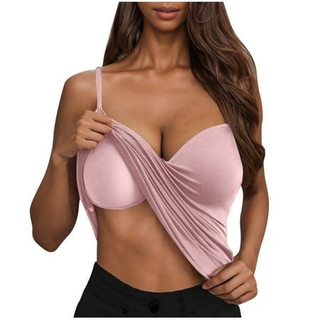 JGGSPWM Camisole Tops for Women Summer Casual Spaghetti Strap Cami Tank Tops with Built in Bra Sports Padded Cotton Undershirts Pink L