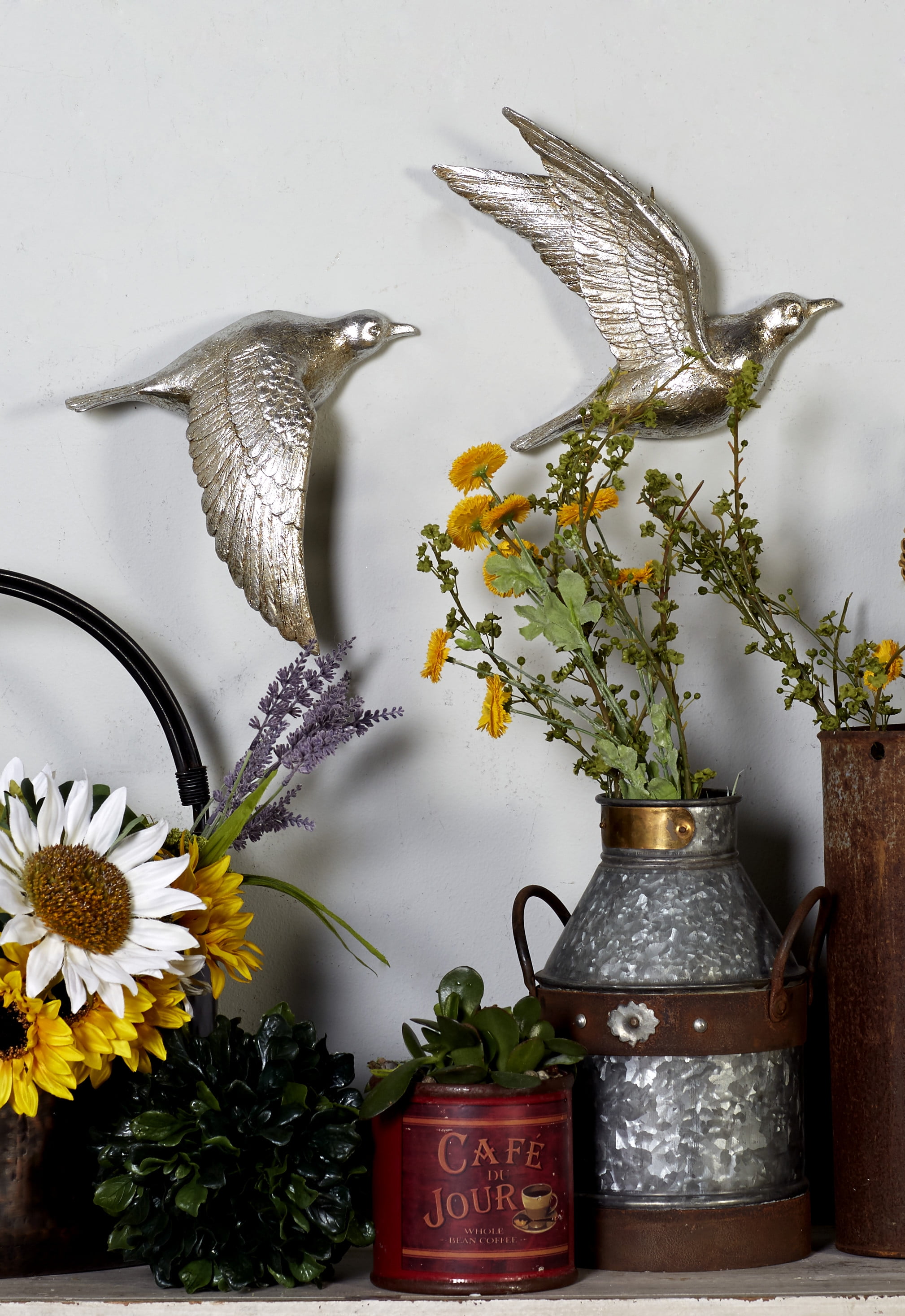 Decmode Metallic Silver Flying Bird Sculptures Wall Decor, Set of 3