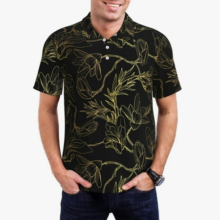 Goofa Gold Gloss Outline Floral Print Mens Polo Shirts Quick Dry Short Sleeve Golf T Shirt Performance Moisture Wicking Casual Workout-Small
