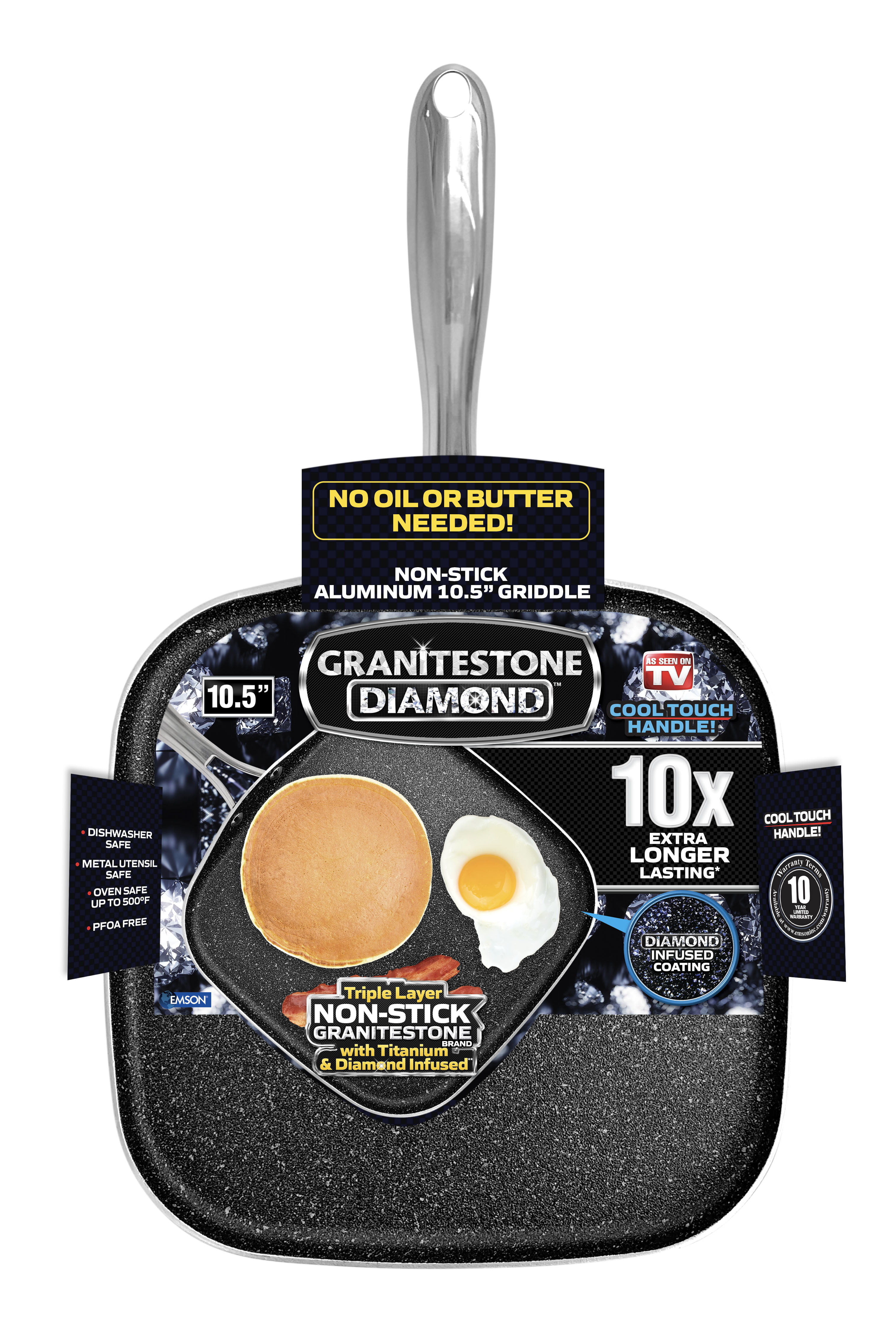 Granitestone 2 Pack Nonstick 10.5” Grill Pan/Flat Griddle Pan for Stovetop  with 3x Coated Surface Perfect for Eggs Pancakes Steaks and More, Stove Top