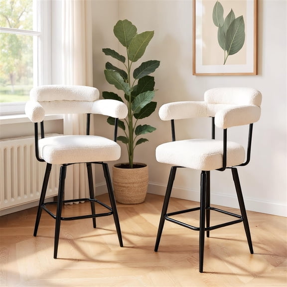 Demi Bonn Swivel Bar Stools Set of 2, Counter Height Curved Back with Arms, Padded Upholstered Barstools, White