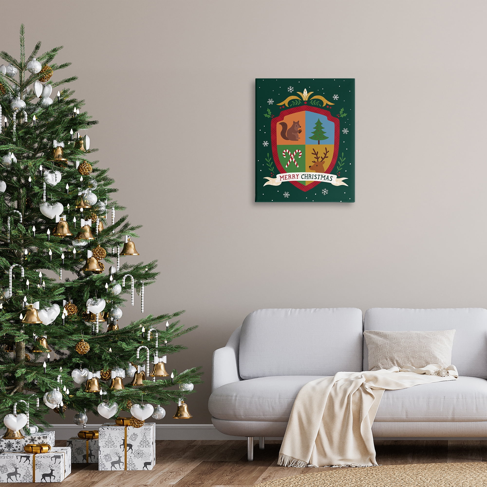 Stupell Industries Merry Christmas Woodland Crest Holiday Painting Gallery Wrapped Canvas Art Prints Wall Art, 24 x 30