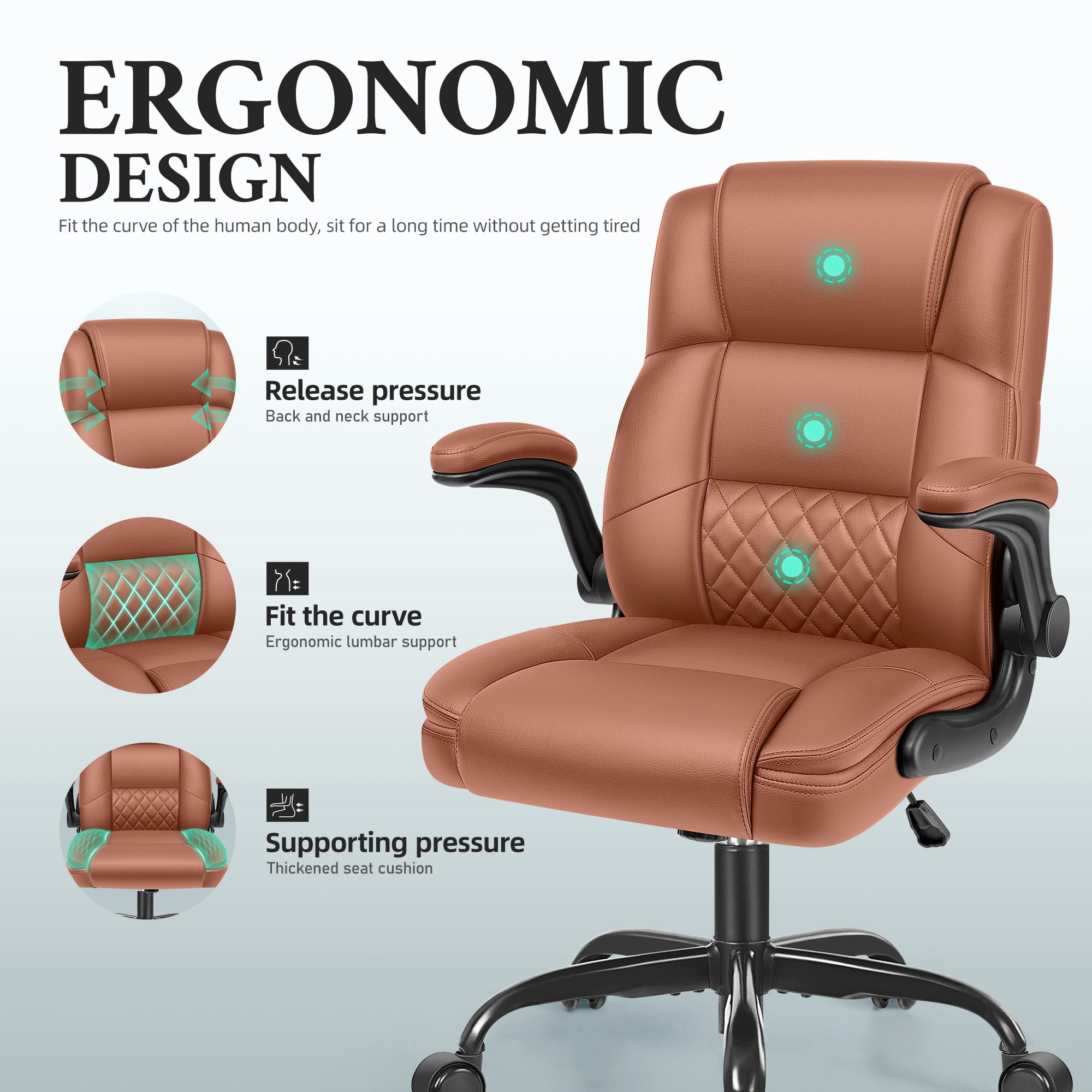 ALLGOD Leather Office Chair 400lbs, Ergonomic Desk Chairs with Back Support, Computer Chair with Wheels and Adjustable Armrest for Home Office, 360°Swivel Free, Brown