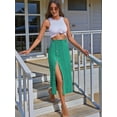 thumbnail image 4 of Womens Casual Slit Denim Midi Jean Skirt Stretch High Waist Frayed Button Up Green Green L, 4 of 7