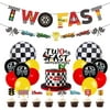 PRATYUS Race Car Two Fast Birthday Decorations for Kids Boys Racing Theme 2nd Party Supplies With Banner, Cake Toppers and Checkered Balloons for Let's go Racing Theme Party