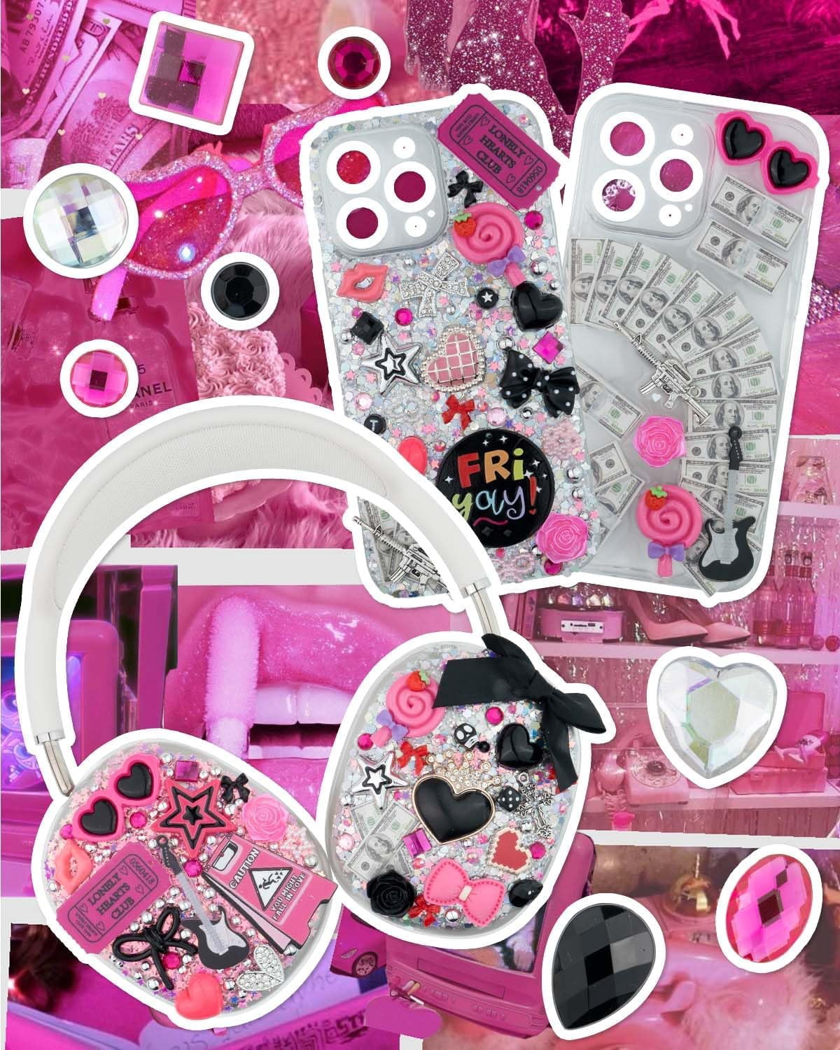 AllWays Plaza 1050 Pcs Junk Phone Case Charms Kit, Charms for Customizing Cases, Kawaii Bow, Letter Beads, Nail Accessories, Flatback Pearls, Rhinestones, Cute Aesthetic Decor for Personalization