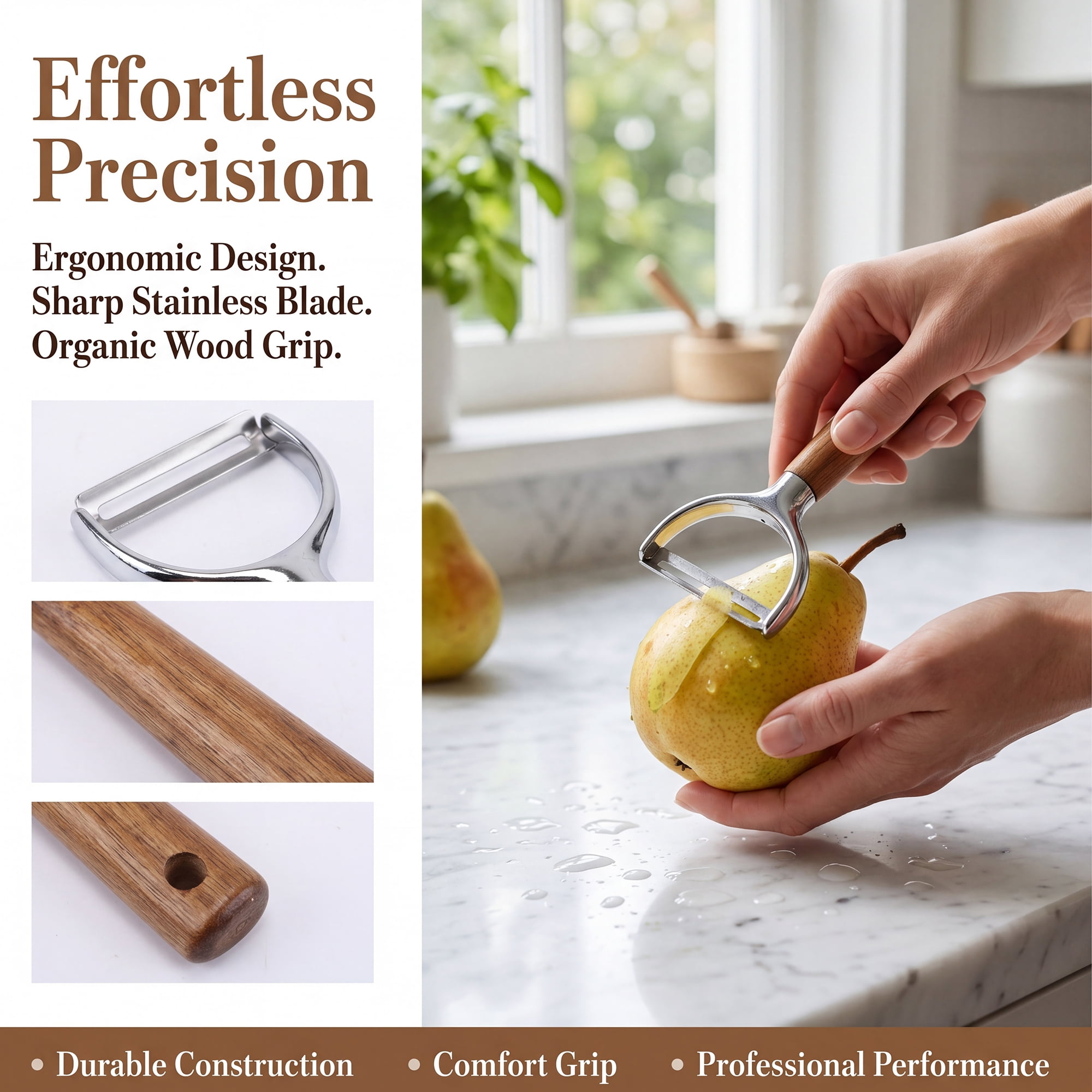 Unique Bargains Wood Apple Peeler, Durable Potato Peeler with Ergonomic Handle Brown