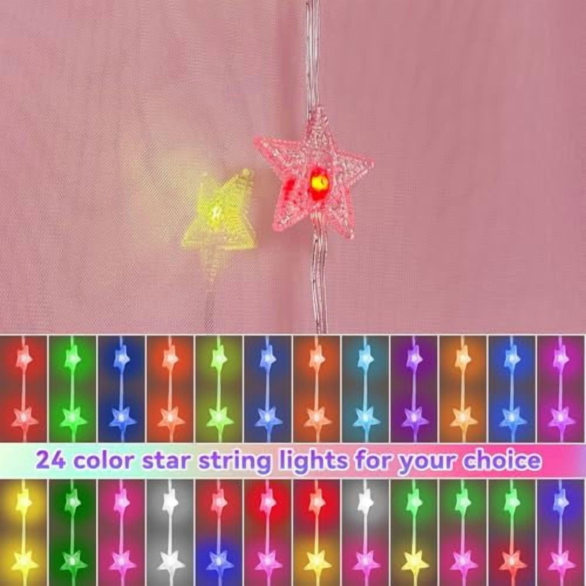 Pink Bed Canopy for Girls, Bedroom Decor Princess Canopy Bed Curtain with Lights, 100 LED Star Fairy String Lights Hanging Dome Bed Tent with Remote for Twin to King Size Bed