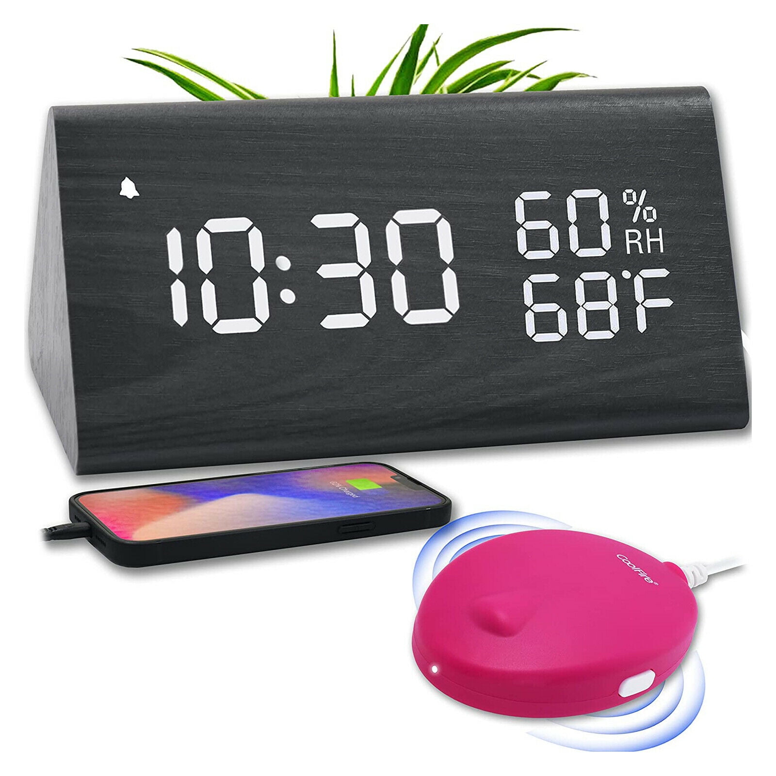 CoolFire Wooden Vibrating Alarm Clock for Heavy Sleepers Adults, Loud