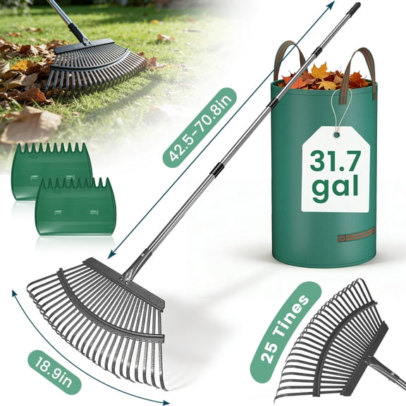 RELOIVE Rake for Leaves, Heavy Duty Garden Leaf Rake for Lawns, 65" Adjustable 25 Tines Metal Yard Rake